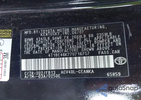 2007 Toyota Camry Le from USA, damaged, VIN 4T1BE46K77U716757